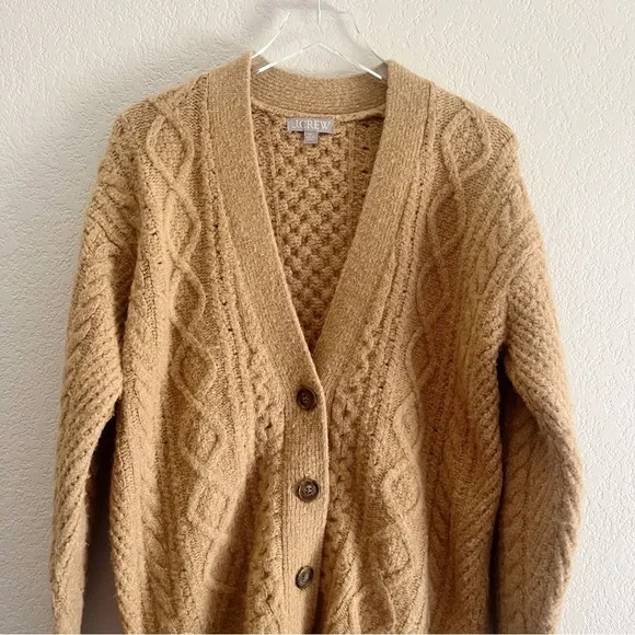 J.CREW Cable Knit Stretch Cardigan Sweater Tan XS Wool Blend - Picture 3 of 12